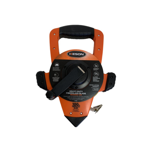 Keson OTRS1810100 100 Ft. Ft, In, 1/8 And Ft, 1/10, 1/100 Fiberglass Tape Measure With Hook End Speed Rewind